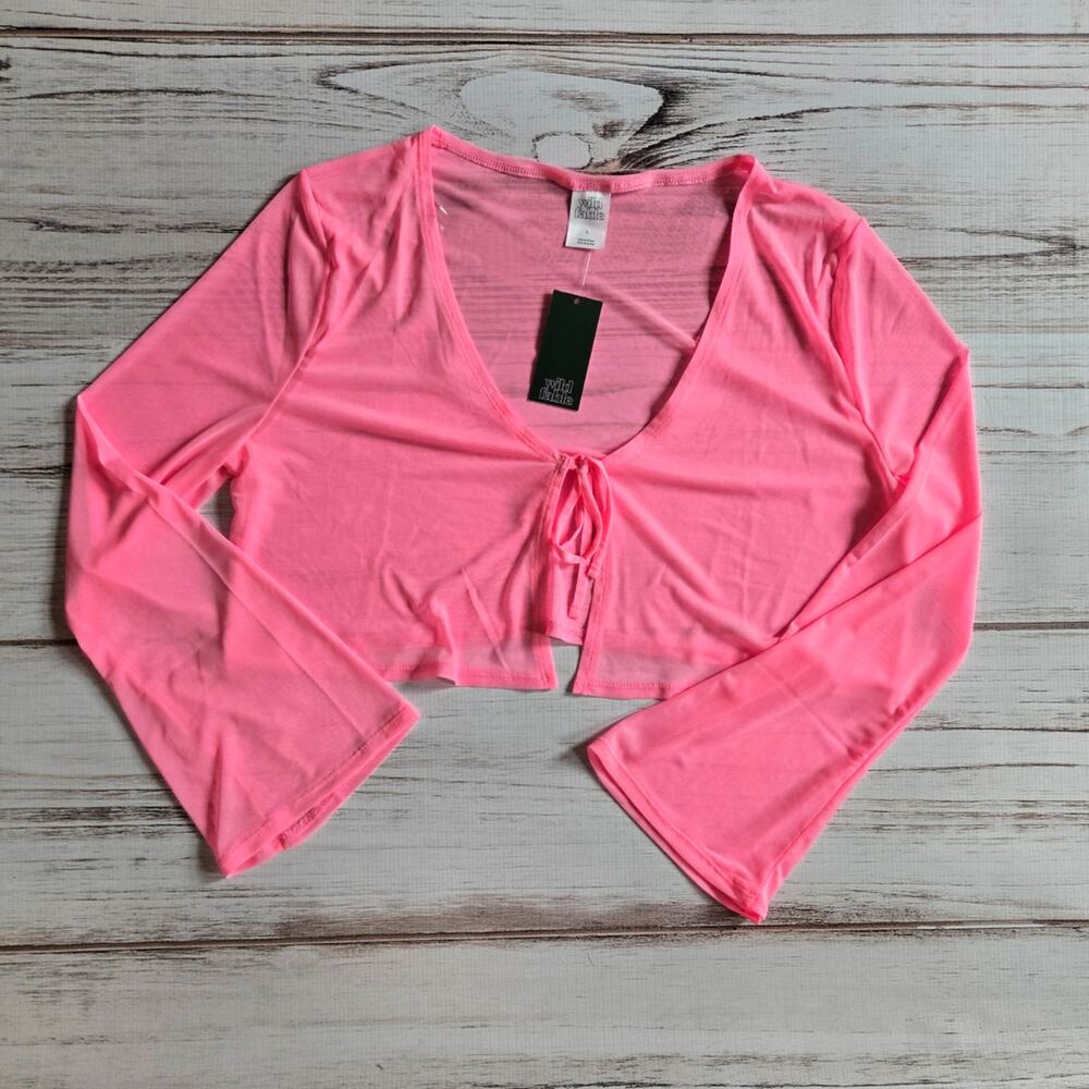 Wild Fable Mesh Sheer y2k Cropped Hot Pink Tie Front Cardigan sz L New
